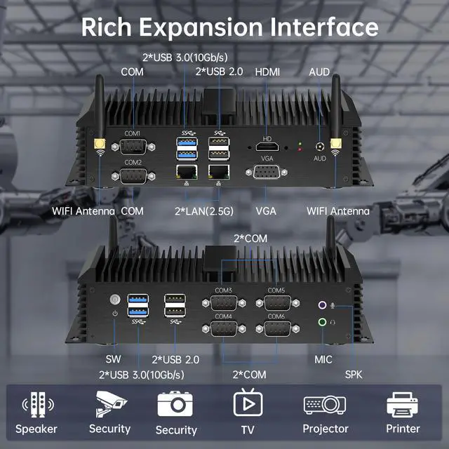 Alt view image 3 of 7 - BOESIIPC Industrial Mini PC, Fanless Desktop Computers Win 11 Pro, HTPC i7-8550U up to 4.0Ghz, 8GB DDR4 128GB SSD/COM/USB 3.0/4K/HDMI/VGA/2.5G LAN/WIFI6/BT 5.2/Full Metal Case/Auto Power On