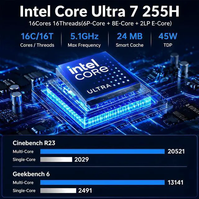 Alt view image 2 of 7 - BOESIIPC AI Mini PC, Core Ultra 7 255H(16C/16T, Up to 5.1Ghz,96TOPS), 16 GB DDR5 1 TB M.2 NVMe SSD, Mini Computer with WiFi 7 BT5.4/Dual 2.5G LAN/USB 4.0/HDMI/DP/8K/Win 11 Pro/VESA