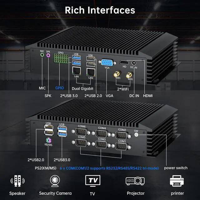 Alt view image 4 of 7 - BOESIIPC Industrial Mini PC, Fanless Desktop Computer Core i7-10510U, 4C/8T, Up to 4.9GHz, Win 10 Pro, 16GB RAM 1TB SSD, 2xLAN, GPIO, PS2(KB/MS), 6xCOM RS232(Configurable RS422/485), USB3.0, WiFi6