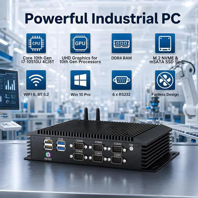 Alt view image 3 of 7 - BOESIIPC Industrial Mini PC, Fanless Desktop Computer Core i7-10510U, 4C/8T, Up to 4.9GHz, Win 10 Pro, 16GB RAM 1TB SSD, 2xLAN, GPIO, PS2(KB/MS), 6xCOM RS232(Configurable RS422/485), USB3.0, WiFi6