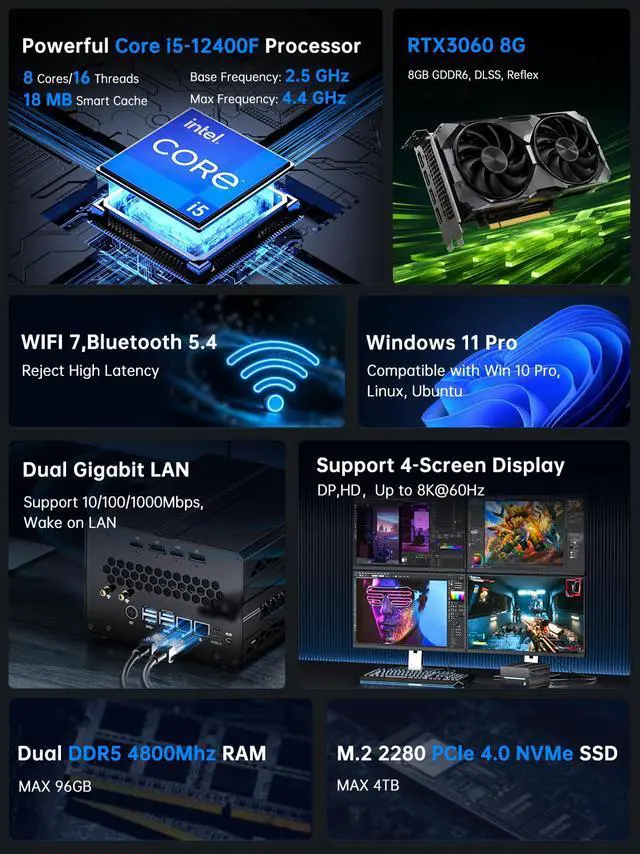 Alt view image 2 of 7 - Gaming Pc Core i5-12400F, 16GB DDR5 RAM 1TB NVMe SSD, Mini Computer with RTX 3060 8G Desktop GPU, WiFi 7, BT5.4, Four-Fan Cooling, Quad Display for Gaming/Design/Office