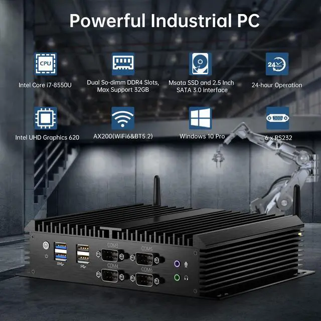 Alt view image 2 of 7 - BOESIIPC Fanless Mini PC, Industrial Desktop Computers Windows 10 Pro, HTPC i7-8550U up to 4.0Ghz, 16G DDR4 RAM 1T SSD/COM/USB 3.0/4K/HDMI/VGA/2.5G LAN/WIFI6/BT 5.1/Full Metal Case/Auto Power On
