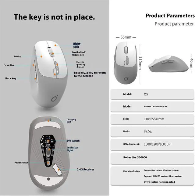 Alt view image 2 of 7 - FANTECH Q5 Sci-Fi Wireless Bluetooth Dual Mode Mouse,Mute Girls Cute Charging Model Gaming Officefor Laptop,1600dpi,Power Display,TYPE-C Charging,Wireless 2.4G,Bluetooth 5.0,Q5 deep grey