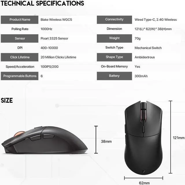 Alt view image 3 of 7 - FANTECH  WGC5 Wired/2.4Ghz Gaming Mouse,Medium-size ,Ergonomic,6 Programmable Buttons,10,000 DPI,RGB Gamer   PC Gaming Mouse, for Windows 7/8/10/11/XP Vista Linux MacOs,Black
