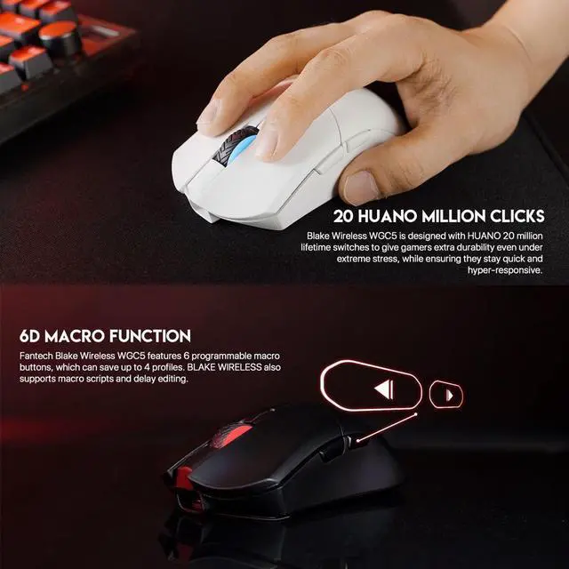 Alt view image 4 of 7 - FANTECH  WGC5 Wired/2.4Ghz Gaming Mouse,Medium-size ,Ergonomic,6 Programmable Buttons,10,000 DPI,RGB Gamer   PC Gaming Mouse, for Windows 7/8/10/11/XP Vista Linux MacOs,Black