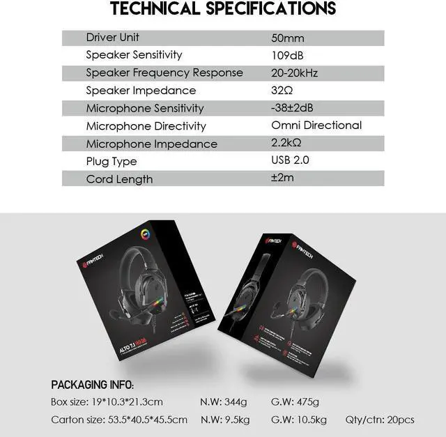 Alt view image 3 of 7 - FANTECH ALTO HG26 Wired Gaming Headset with Noise-Cancelling Microphone, 7.1 Virtual Surround Sound, Premium 5OMM Drivers, RGB Lighting, Detachable Microphone, Black
