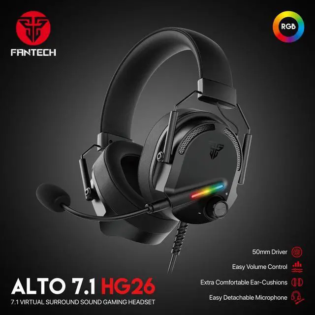 Alt view image 5 of 7 - FANTECH ALTO HG26 Wired Gaming Headset with Noise-Cancelling Microphone, 7.1 Virtual Surround Sound, Premium 5OMM Drivers, RGB Lighting, Detachable Microphone, Black