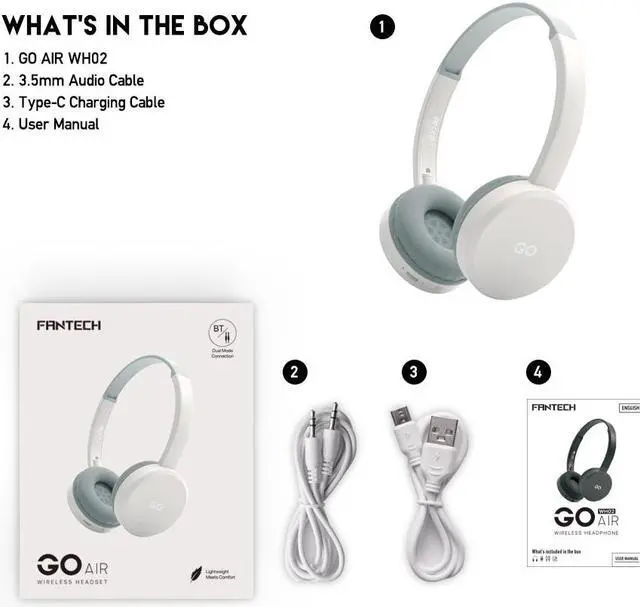 Alt view image 5 of 7 - FANTECH WH02 Go Air Wireless/Wired Dual Connection Gaming Headset, Rechargeable, High Sensitivity Microphone, Touch Control, Beige