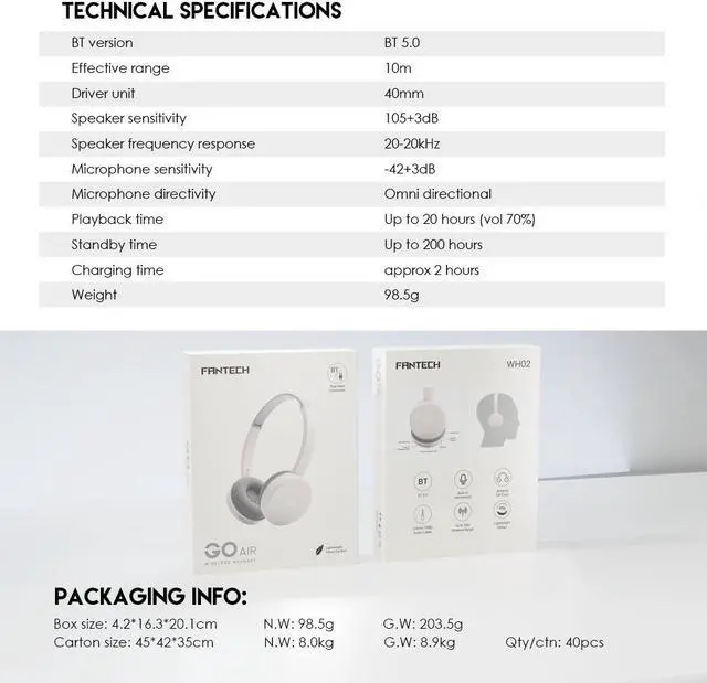 Alt view image 4 of 7 - FANTECH WH02 Go Air Wireless/Wired Dual Connection Gaming Headset, Rechargeable, High Sensitivity Microphone, Touch Control, Beige
