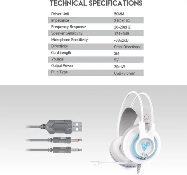 Alt view image 3 of 7 - FANTECH CHIEF II HG20 Wired Gaming Headset with Noise Cancelling Headphones, Adjustable Volume, Reinforced Earband, USB+3.5mm Plug Type, White