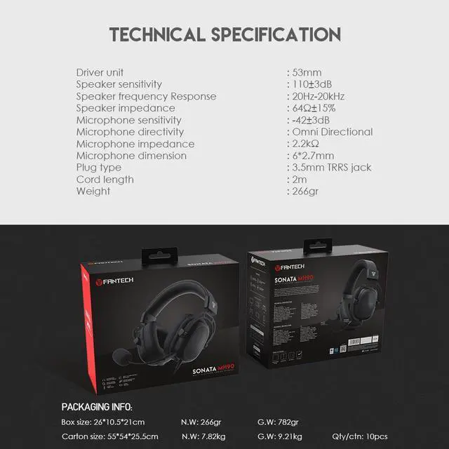 Alt view image 3 of 7 - FANTECH Sonata MH90 Wired Gaming Headset with Noise-Cancelling Microphone, 53 mm Drivers, Lightweight and Comfortable, for PC/Xbox/Playstation/Switch/mobile devices, Black
