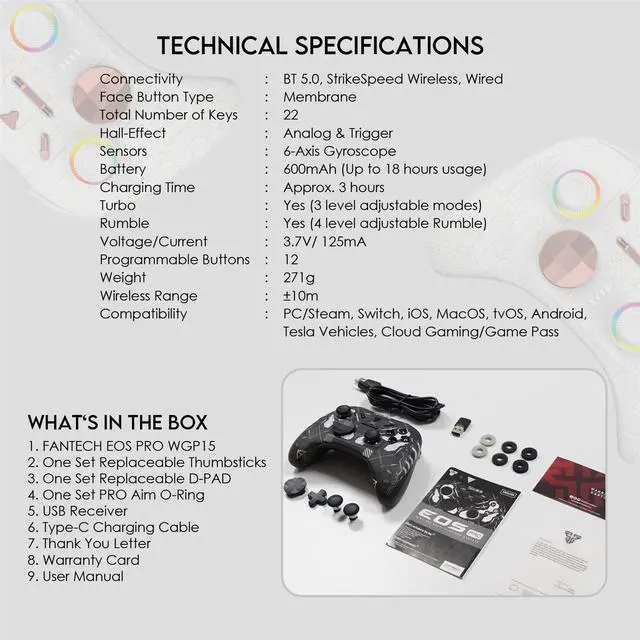 Alt view image 3 of 7 - FANTECH WGP15 ELECTRA EOS PRO Wireless/Wired Gamepad,22 Buttons, High Sensitivity,Adjustable Vibration,Motion Sensor,Hall Effect,Compatible with PC/Steam/Switch/PS4/Ps3/iOS/MacOs/Android,White