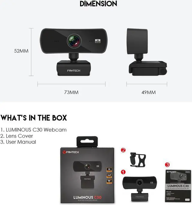 Alt view image 3 of 7 - Fantech C30 Webcam 2K 4MP Luminous QHD Video 2560x1440p, 360° ROTATION, black
