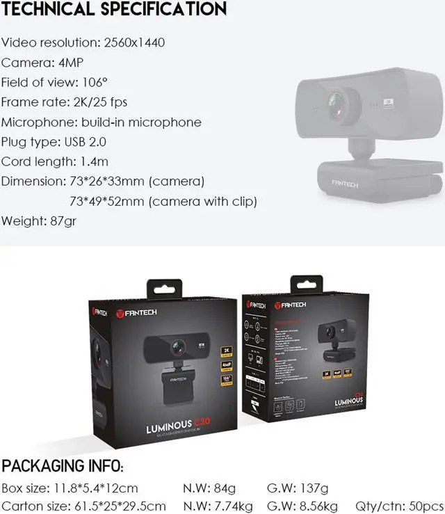 Alt view image 4 of 7 - Fantech C30 Webcam 2K 4MP Luminous QHD Video 2560x1440p, 360° ROTATION, black
