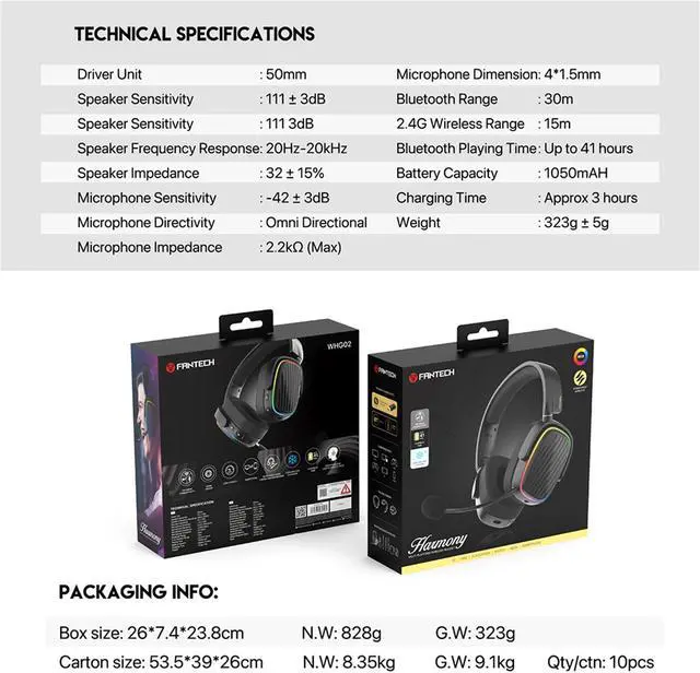 Alt view image 7 of 7 - FANTECH HARMONY WHG02 wireless bluetooth headphones with tri mode connection,4OMM DRVERS FOR CEAR AUDO,White