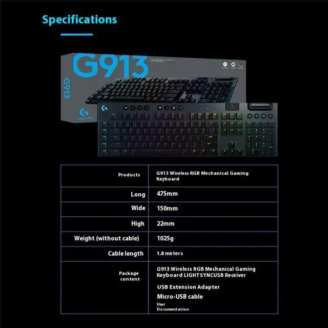 Alt view image 7 of 7 - Logitech  G913 LIGHTSPEED Wireless RGB Mechanical Gaming Keyboard, 104 keys, for Windows 8/macOS 10.11 /Linux/ChromeOS/Android 4.3 /iOS 10  or later, red axle black)