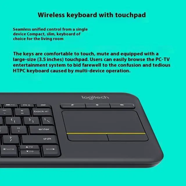 Alt view image 6 of 7 - Logitech K400 PLUS Wireless Touch Keyboard, quiet and convenient keyboard with a built-in trackpad and all the hotkeys,5 million knocks,   for Windows 10,11 /Android 7/ChromeOS or later,  BLACK