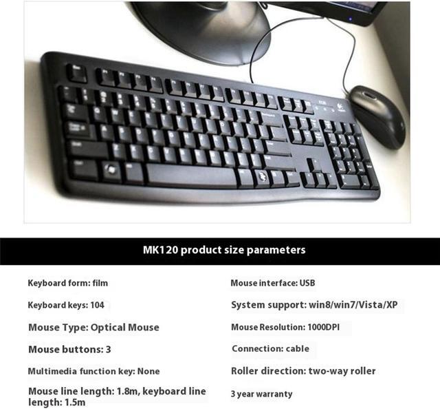 Alt view image 6 of 7 - Logitech MK120 wired Keyboard & Mouse Sets,104keys, 10 million keystrokes, Optical Tracking, 3buttons mouse, for Windows ® 10, 11 or higher, gaming or office, Desktop USB, splash proofblack