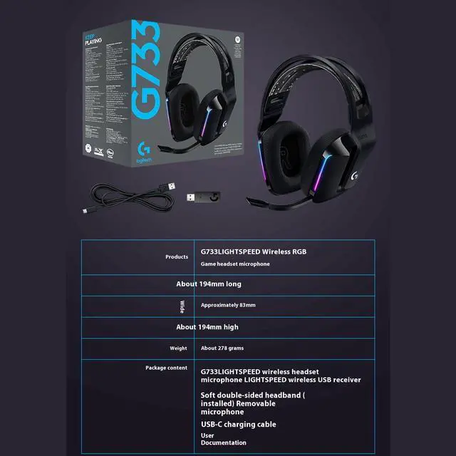 Alt view image 6 of 7 - Logitech G733 Lightweight Wireless Bluetooth Gaming Headset with Microphone, RGB Lighting, Wireless 20 meters,  USB 2.0, for Windows® 10/macOS 10.12/PlayStation® 4/game consoles,  type A, PURPLE