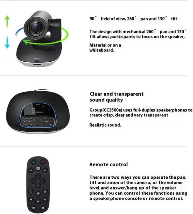 Alt view image 5 of 7 - Logitech CC3500E Medium to Large Video Conferencing System Webcam, Large Meeting Room Equipment, Video Conferencing, 1080p 30fps, camera, tilt and zoom, remotely or via console control,  Black