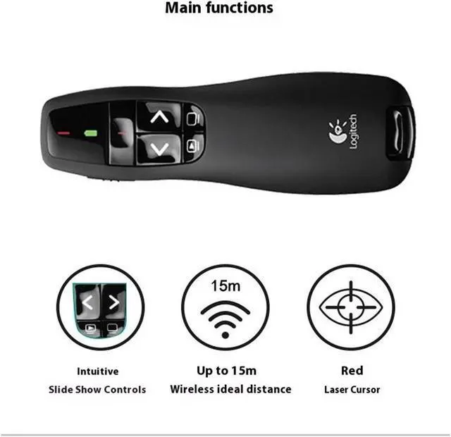 Alt view image 7 of 7 - Logitech R400 Wireless Presenter, For basic slide navigation,  button positioning by touch, 2 Laser, 640 to 660 nm (red), 2.4 GHz wireless, 10 meters , USB, for Windows® 10,11 or higher, black