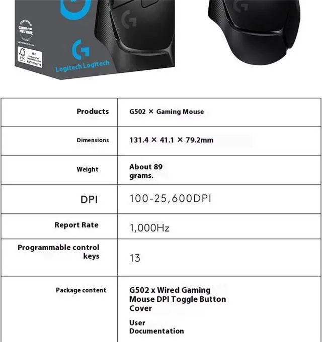 Alt view image 7 of 7 - Logitech (G) G502X  Wired Gaming Mouse,    RGB with Weighted Macro Programming, 25600DPI, 11buttons,  Laptop Big Hand Mouse,for Windows® 7 or later/macOS 10.11 or later/ChromeOS, BLACK