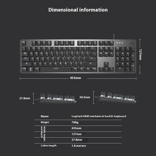 Alt view image 7 of 7 - LOGITECH K845 Mechanical backlight wired gaming Keyboard, Aluminum wired mechanical keyboard with optional key spindle, for Windows® 10,11 or higher, 5 backlight, 104keys,  black( Tactile Quiet)