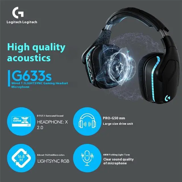 Alt view image 3 of 7 - Logitech G633 Artemis Spectrum  RGB 7.1 Dolby and DTS Headphone Surround Sound Gaming Headset  PC, PS4, Xbox One, Switch, and Mobile Compatible  Exceptional Audio Performance  Black