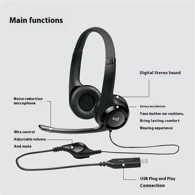 Alt view image 4 of 7 - Logitech H390 Wired Headset for PC/Laptop, Stereo Headphones with Noise Cancelling Microphone, USB-A, in-Line Controls for Video Meetings, Music, Gaming and Beyond - Grey