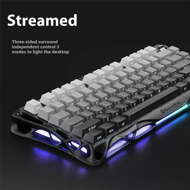 Alt view image 5 of 7 - GravaStar GS K1 Gradient Black Tri-Mode Connected Mechanical Gaming Keyboard, Side Engraving, Bionic Flow, 5-Layer Sound Deadening Padding, Wear Resistant and Non-Slip, RGB Backlit Keyboard, Black