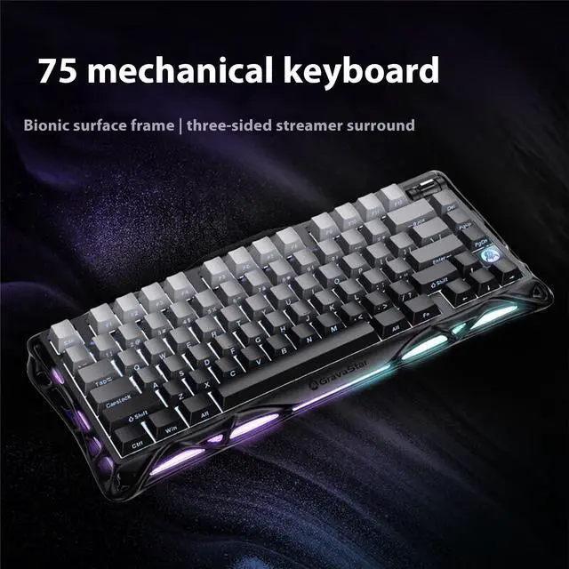 Alt view image 3 of 7 - GravaStar GS K1 Gradient Black Tri-Mode Connected Mechanical Gaming Keyboard, Side Engraving, Bionic Flow, 5-Layer Sound Deadening Padding, Wear Resistant and Non-Slip, RGB Backlit Keyboard, Black