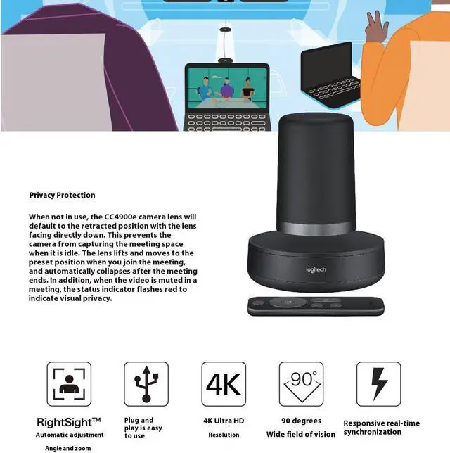 Alt view image 7 of 7 - Logitech CC4900E Business HD Conference Webcam, Large Meeting Room Equipment, Ultra HD Imaging System , 1080p 30fps, camera, Tilt, and Zoom, IR Remote Control or Control via Console, Black