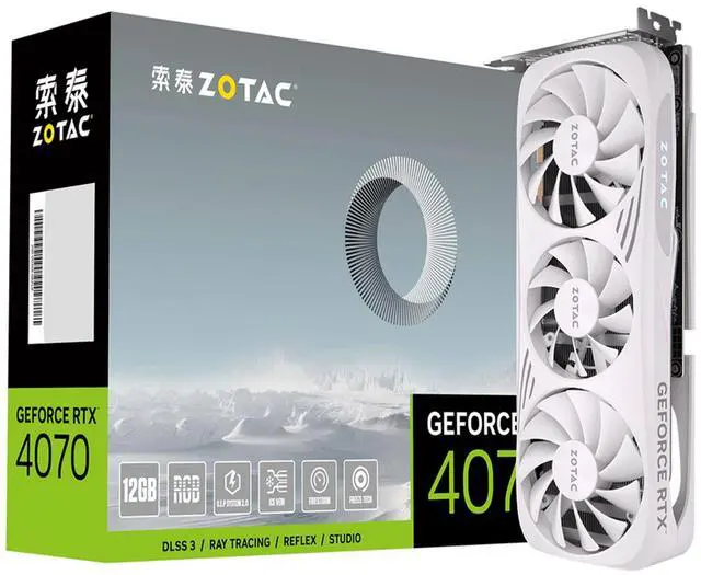 Alt view image 6 of 7 - ZOTAC GeForce 4070-12GD6X Moon White OC Graphics Card, Gaming, AI Design, Video Editing, 3D Rendering, 3 x DP, 1 x HDMI, 12GB GDDR6X, 192-bit, Express 4.0 16x, 2490MHz, 21 Gbps