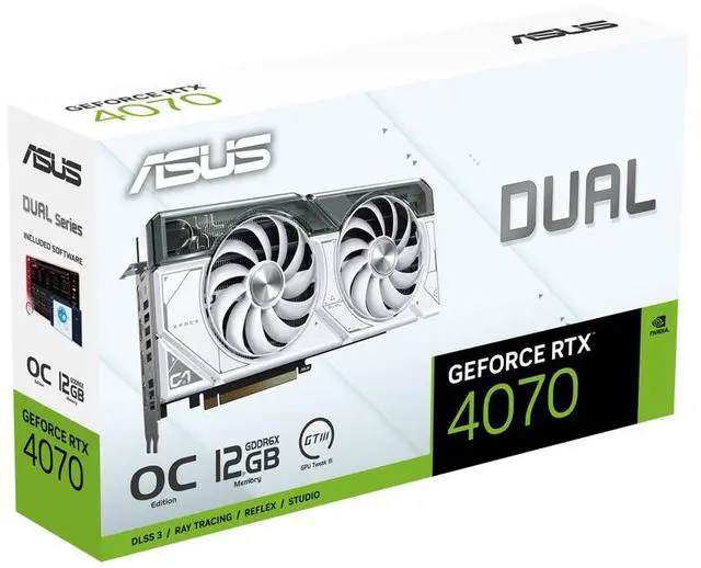 Alt view image 7 of 7 - ASUS Dual GeForce RTX 4070 White OC Edition 12GB GDDR6X (PCIe 4.0, 12GB GDDR6X, DLSS 3, HDMI 2.1, DisplayPort 1.4a, 2.56-slot design, Axial-tech fan design) DUAL-RTX4070-O12G-WHITE