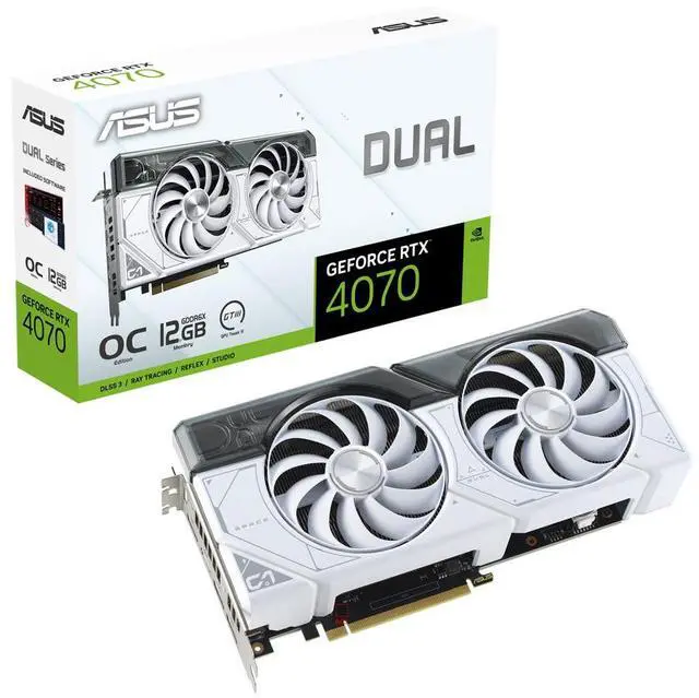 Main image of ASUS Dual GeForce RTX 4070 White OC Edition 12GB GDDR6X (PCIe 4.0, 12GB GDDR6X, DLSS 3, HDMI 2.1, DisplayPort 1.4a, 2.56-slot design, Axial-tech fan design) DUAL-RTX4070-O12G-WHITE