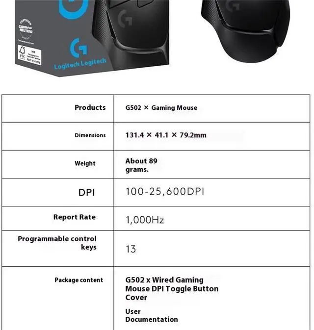 Alt view image 7 of 7 - Logitech (G) G502X  wired Gaming Mouse,  RGB with Weighted Macro Programming, 25600DPI, 13 buttons,  Laptop Big Hand Mouse,for Windows® 7 or later/macOS 10.11 or later/ChromeOS, black