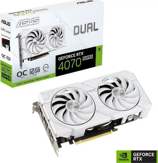 Main image of ASUS Dual GeForce RTX 4070 SUPER EVO White OC Edition PCIE 4.0, 12GB GDDR6X, DLSS 3, HDMI 2.1a, DisplayPort 1.4a, WHITE Video Card DUAL-RTX4070S-O12G-EVO-WHITE
