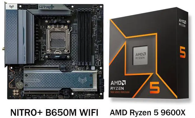 Main image of Sapphire Tech NITRO+ B650M WiFi AM5 Motherboard & Ryzen 5 9600X 6-Core CPU Combo | PCIe 5.0 x16, DDR5 7600MT/s, 12+2+1 Power Phase, Wi-Fi 6, 4K 144Hz HDMI