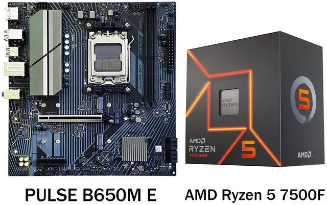 Main image of Sapphire Tech PULSE B650M E AM5 Motherboard & Ryzen 5 7500F 6-Core CPU Combo | PCIe 5.0 M.2, DDR5 7400+ OC, 7+2+1 Power Phase, Wi-Fi 6, Budget Gaming Bundle