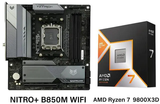 Main image of Sapphire Tech NITRO+ B850M WIFI AM5 Motherboard &  Ryzen 7 9800X3D 8-Core CPU Combo | 128MB 3D V-Cache, PCIe 5.0 x16, DDR5 8000+ OC, Wi-Fi 6 Gaming Bundle