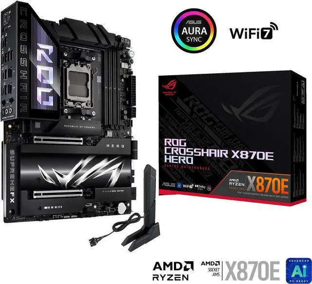 Main image of ASUS ROG CROSSHAIR X870E HERO AMD X870E AM5 ATX motherboard, Advanced AI PC ready, 18+2+2 power stages, DDR5, PCIe 5.0, 5x M.2, Wi-Fi 7, USB4, AI Overclocking, Core Flex, PCIe Slot Q-Release Slim