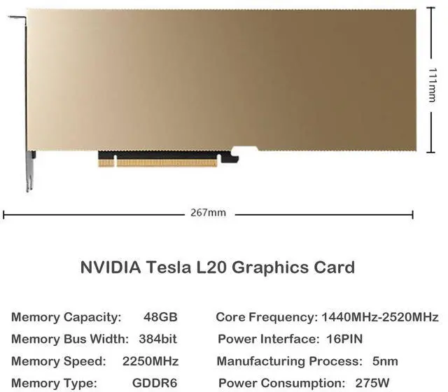 Alt view image 4 of 4 - NVIDIA Tesla L20-48G Graphics Card, Basic Package, GDDR6 Memory, 2250MHz, 384-bit, 16Pin, AI Intelligent GPU Accelerator, Deep Learning