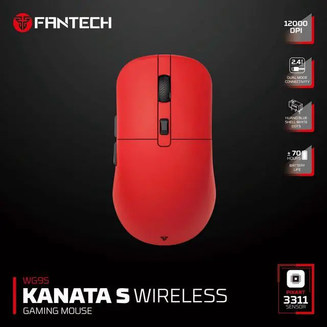 Alt view image 6 of 6 - FANTECH KANATA WIRELESS S WG9S Red Gaming Mouse - 12000 DPI, Dual Mode Connectivity,Huano Blue Shell White Dots,70+Hours Battery Life,Pixart 3311 Sensor,Ergonomic Design for PC/Computer(Red)