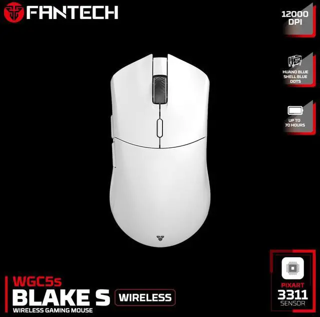 Alt view image 5 of 5 - FANTECH BLAKE Wireless WGC5S White Gaming Mouse - Huano Blue Shell White Dots,UpTo 70Hours,Pixart 3311 Sensor,6D Macro Function,12000DPI Adjustable,6 Buttons,Ergonomic Design(White)