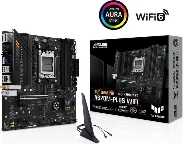 Main image of ASUS TUF GAMING A620M-PLUS WiFi AMD AM5 Ryzen7000 microATX gaming motherboard DDR5, PCIe 4.0, 2xM.2 slots,2.5Gb Ethernet,Wi-Fi 6, 2 x DisplayPort, HDMI, USB 3.2 Gen 1 ports, front USB 3.2 Gen 1 Type C