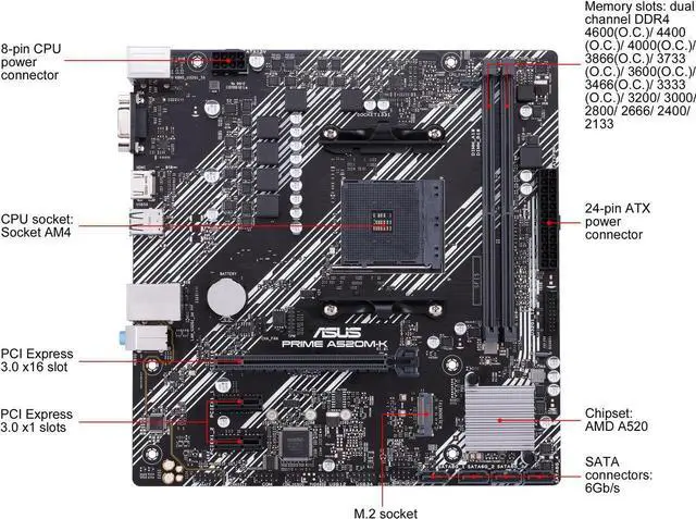 Alt view image 4 of 7 - ASUS PRIME A520M-K AM4 AMD A520 Micro ATX AMD Motherboard