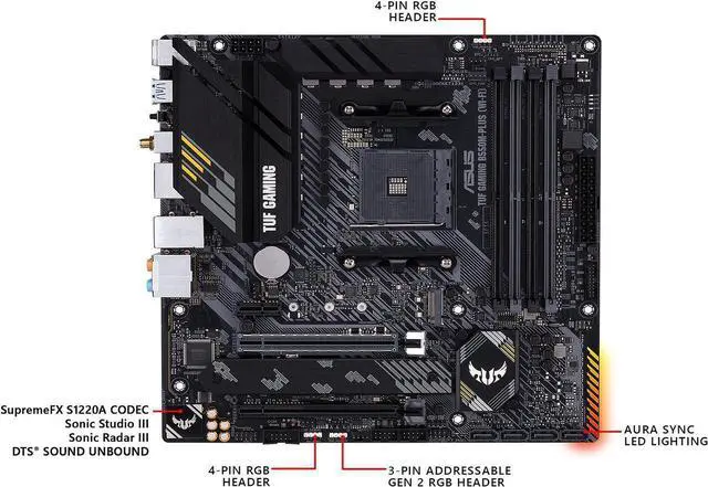 Alt view image 3 of 7 - ASUS TUF GAMING B550M-PLUS AMD AM4 (3rd Gen Ryzen) Micro ATX Gaming Motherboard (PCIe 4.0, 2.5Gb LAN, BIOS FlashBack, HDMI 2.1, USB 3.2 Gen 2, Addressable Gen 2 RGB Header and AURA Sync)