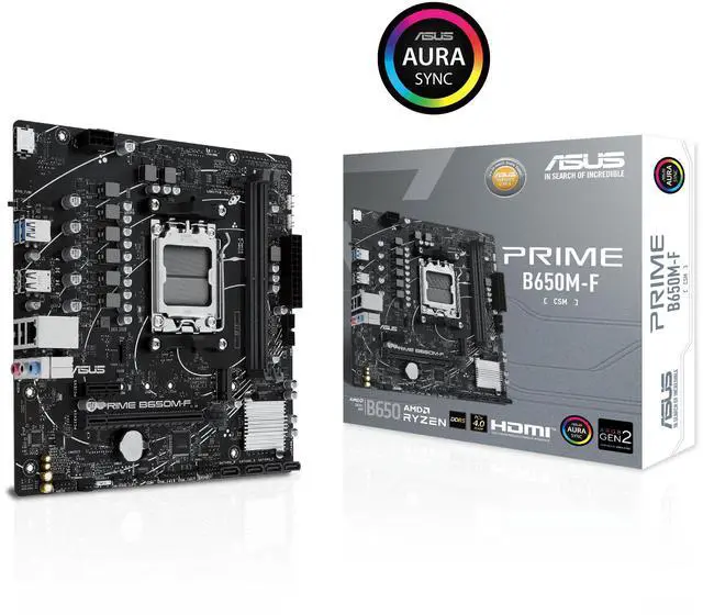 Main image of ASUS PRIME B650M-F-CSM AMD B650 micro-ATX motherboard,AM5,DDR5,PCIe 4.0,M.2 slot,Realtek 1Gb wired LAN card,USB 5Gbps Type-A,SATA 6 Gbps,BIOS FlashBack,Aura Sync