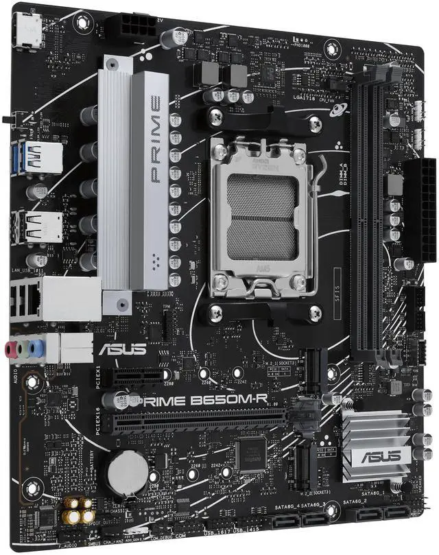 Alt view image 3 of 7 - ASUS PRIME B650M-R AMD B650 Micro-ATX motherboard,AM5,DDR5,PCIe 4.0 ,Realtek 2.5Gb Ethernet, SATA 6 Gbps, USB 5Gbps Type-C®, BIOS FlashBack, Two-Way AI Noise Cancelation, Aura Sync