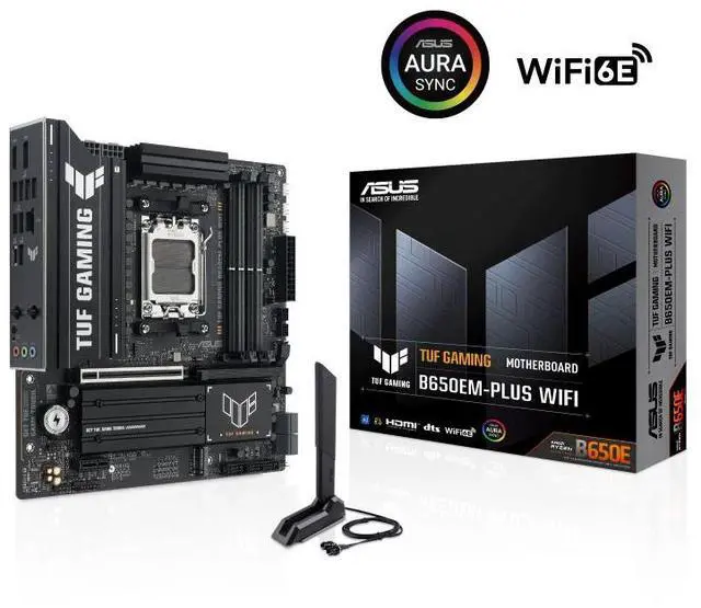 Main image of ASUS TUF GAMING B650EM-PLUS WIFI AMD B650 AM5 Ryzen  9000  8000 and 7000 ATX motherboard, , PCIe® 5.0 M.2 , DDR5, WiFi 6E, 2.5 Gb Ethernet, USB4® support, Aura Sync